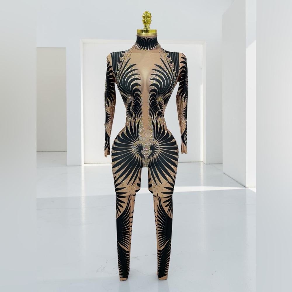 Festival Season Sheer Nude Black Patterned Rhinestone Embellished Jumpsuit